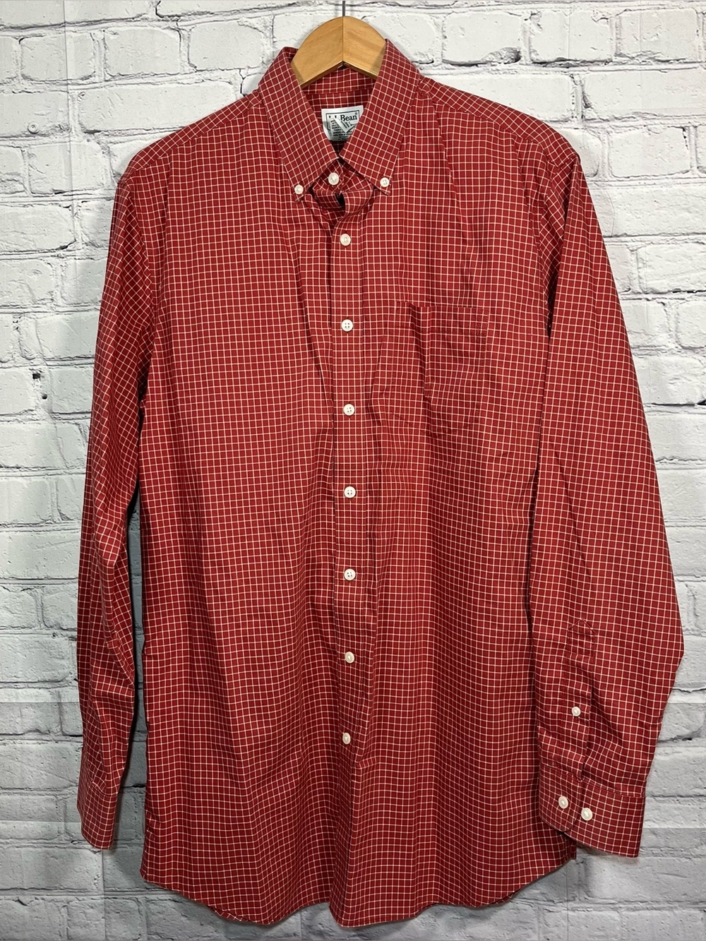 LL Bean Traditional Fit Check Plaid Shirt Mens Size Medium Tall Rust Orange